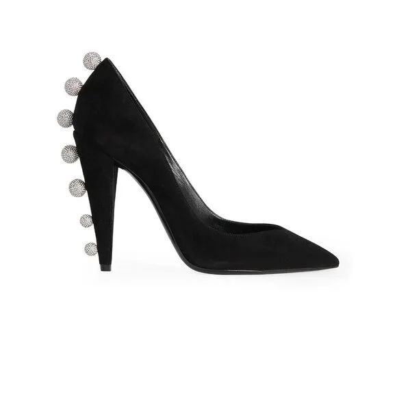 Saint Laurent Crystal Embellishments Suede Heels Pumps Black Size 36 - Picture 2 of 10